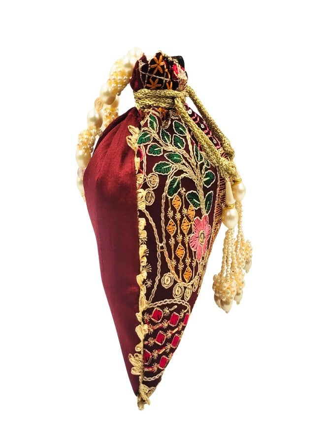 exotique Women’s Maroon Embroidered Potli Bag | Designer Silk Potli with Pearl Handle & Tassels | Wedding, Party & Festive Ethnic Clutch | HW0019MN - Image 3